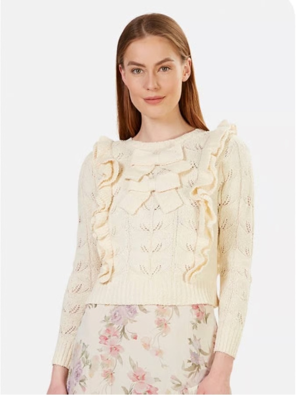 LoveShackFancy Cream Ruffle Knit Sweater With Bow Detail